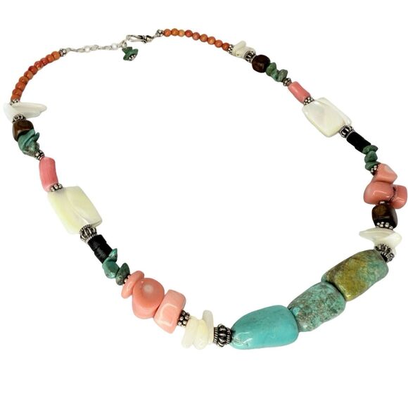 925 Sterling Silver Turquoise Necklace 18.5"   Beaded Coral Accents - Picture 8 of 14